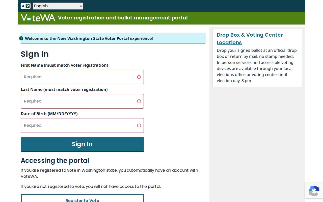 VoteWA first name last name birth date and CAPTCHA fields