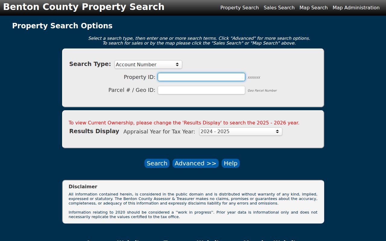 Benton County Property Search tabs and Richland address fields